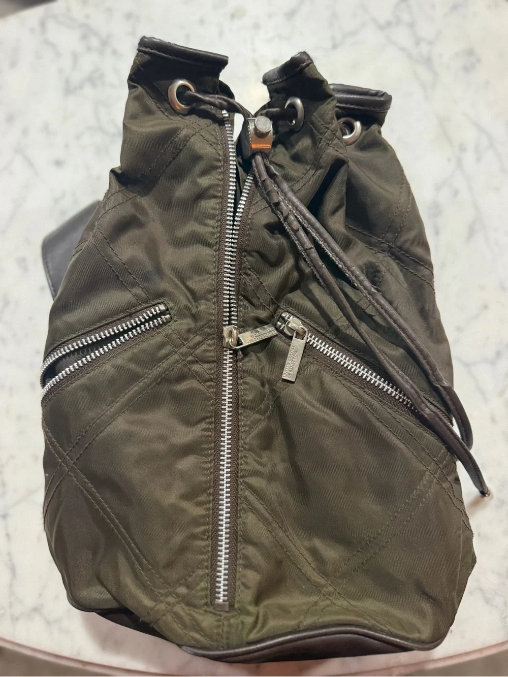 United Colors Of Benetton Olive Green Quilted Nylon Drawstring Backpack